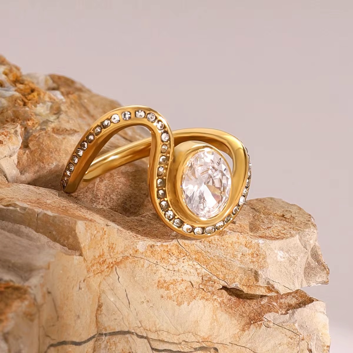 Water Drill Wave Oval Diamond 18k Gold Plated Ring